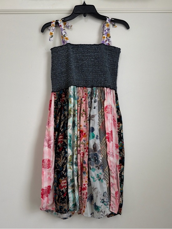 Young Threads Dresses & Skirts - Young Threads Coquette Patchwork Smocked Mini Dress L Tie Bow Straps Boho NWT